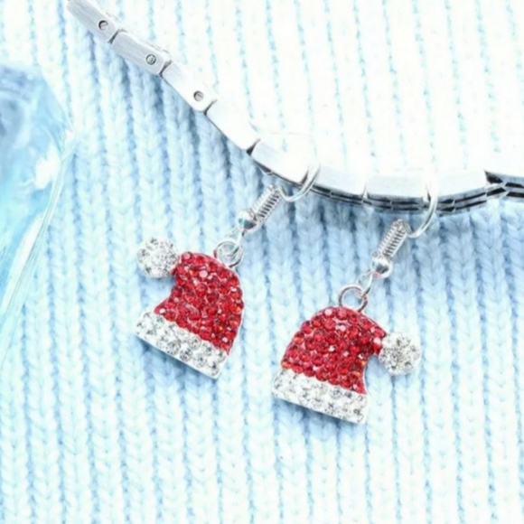 Red Crystal Rhinestone Santa Claus Hat Dangle Drop Earrings - Picture 3 of 6